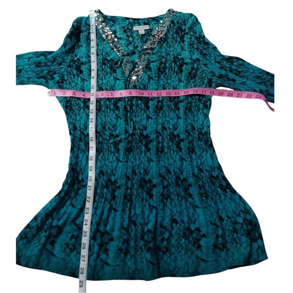 Y2K FASHION BUG Top Blouse L‎ Accordion Pleats Flare Sequins Snake Turquoise - Picture 4 of 12